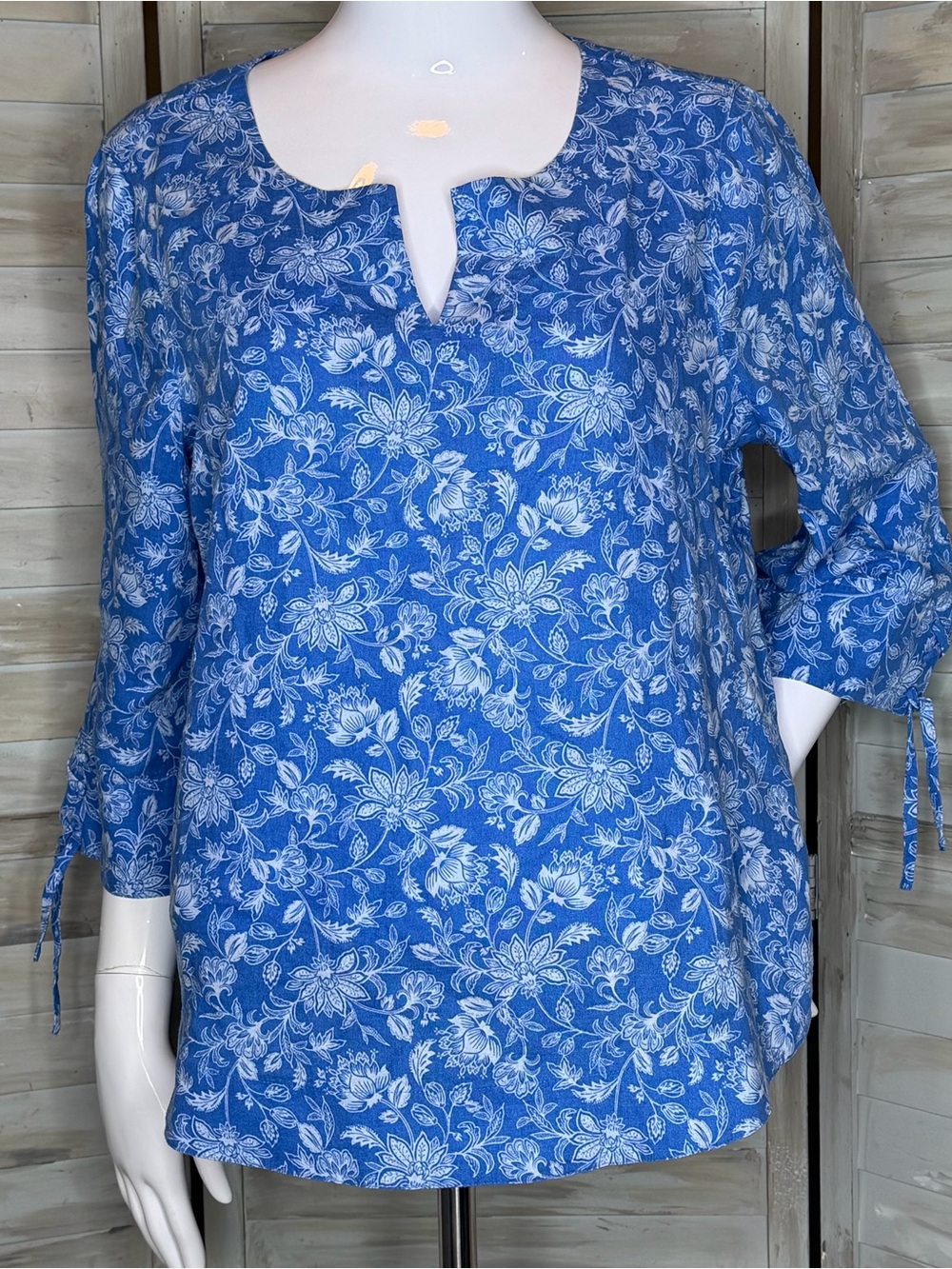 J. Jill spring ‘26 blue floral print tunic tie sleeve top linen blend Medium NWT